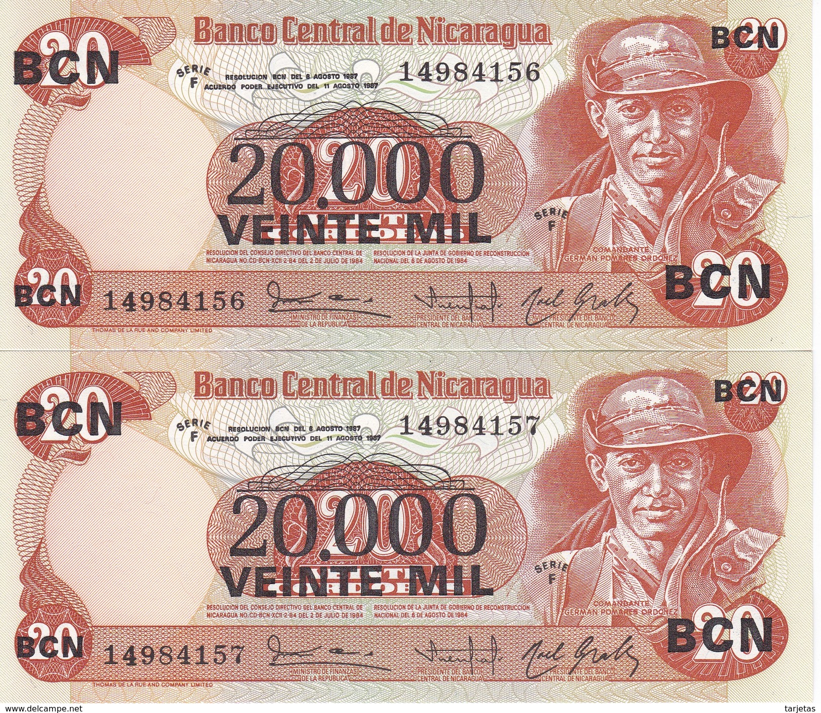PAREJA CORRELATIVA DE NICARAGUA DE 20000 CORDOBAS DEL AÑO 1987 CON RESELLO (BANKNOTE) SIN CIRCULAR-UNCIRCULATED - Nicaragua