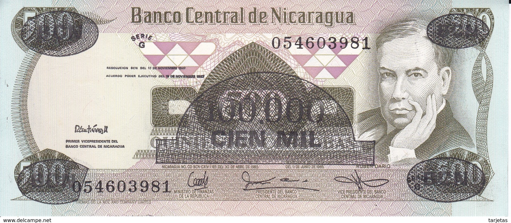 BILLETE DE NICARAGUA DE 100000 CORDOBAS DEL AÑO 1987 CON RESELLO (BANKNOTE) SIN CIRCULAR-UNCIRCULATED - Nicaragua