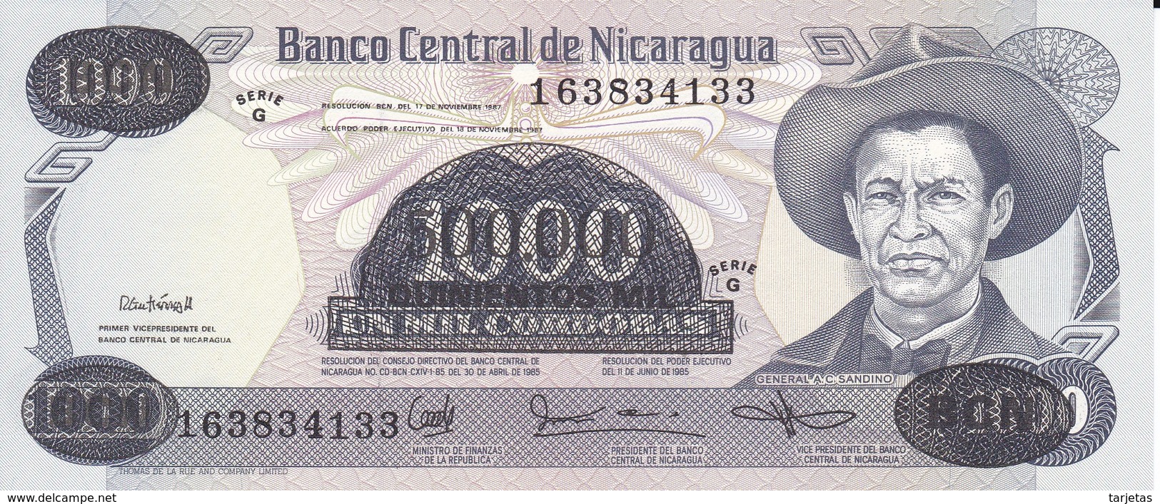 BILLETE DE NICARAGUA DE 500000 CORDOBAS DEL AÑO 1987 CON RESELLO (BANKNOTE) SIN CIRCULAR-UNCIRCULATED - Nicaragua