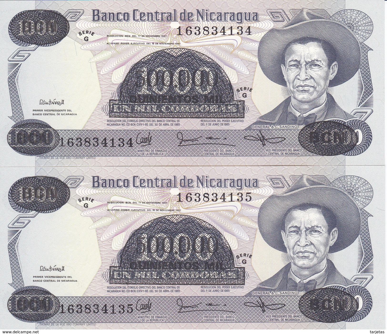 PAREJA CORRELATIVA DE NICARAGUA DE 500000 CORDOBAS DEL AÑO 1987 CON RESELLO (BANKNOTE) SIN CIRCULAR-UNCIRCULATED - Nicaragua