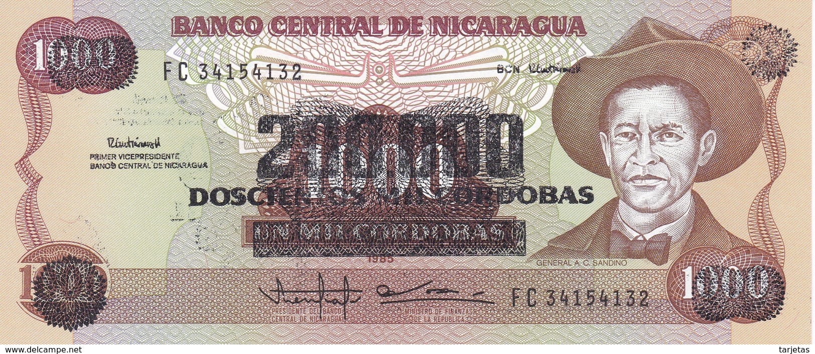 BILLETE DE NICARAGUA DE 200000 CORDOBAS DEL AÑO 1985 CON RESELLO (BANKNOTE) SIN CIRCULAR-UNCIRCULATED - Nicaragua