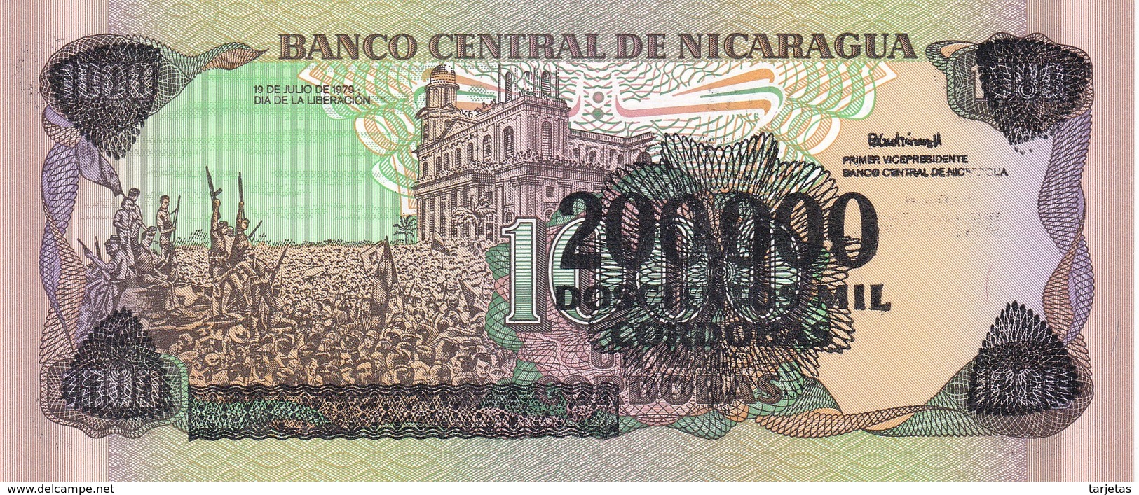 BILLETE DE NICARAGUA DE 200000 CORDOBAS DEL AÑO 1985 CON RESELLO (BANKNOTE) SIN CIRCULAR-UNCIRCULATED - Nicaragua