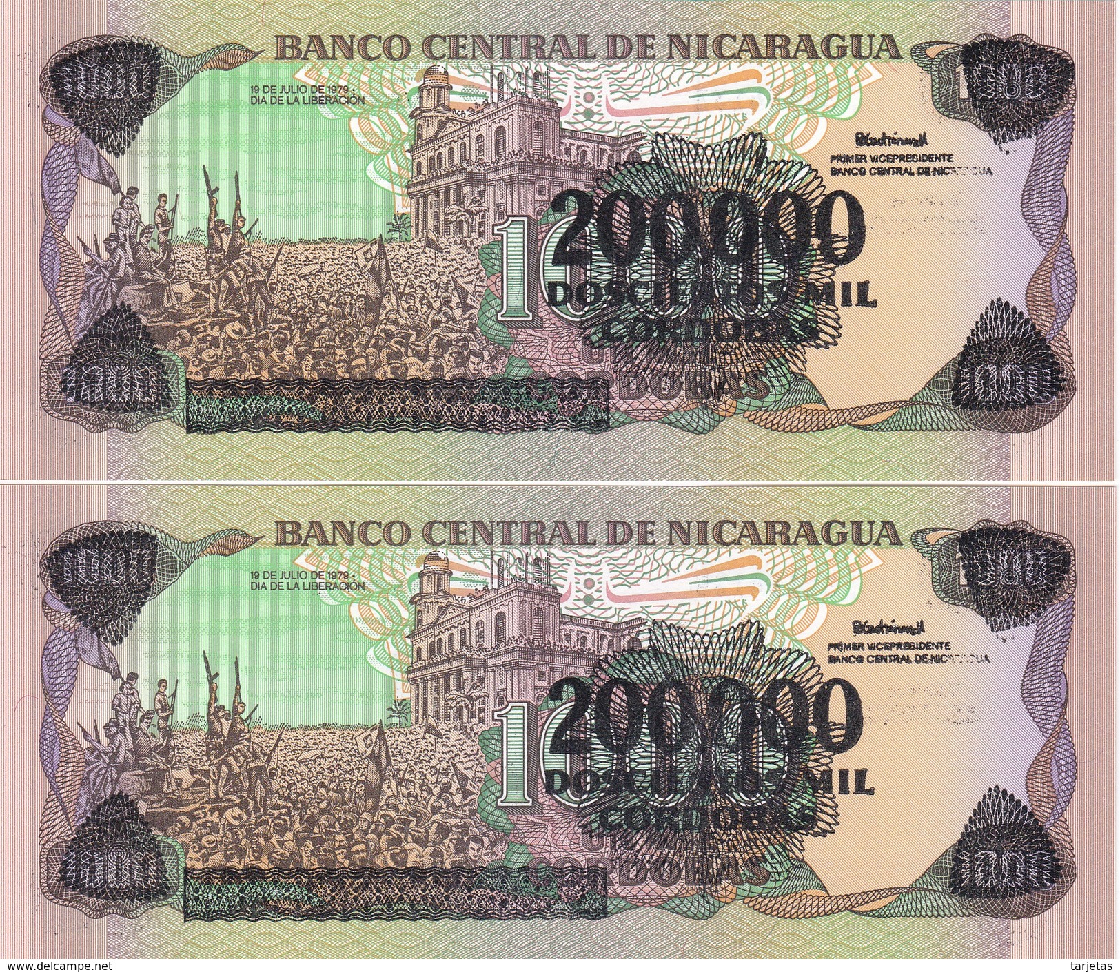 PAREJA CORRELATIVA DE NICARAGUA DE 200000 CORDOBAS DEL AÑO 1985 CON RESELLO (BANKNOTE) SIN CIRCULAR-UNCIRCULATED - Nicaragua