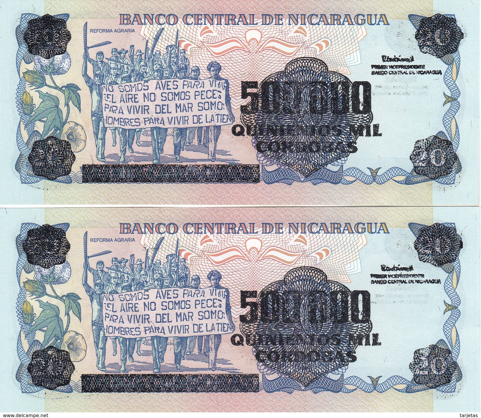 PAREJA CORRELATIVA DE NICARAGUA DE 500000 CORDOBAS DEL AÑO 1985 CON RESELLO (BANKNOTE) SIN CIRCULAR-UNCIRCULATED - Nicaragua