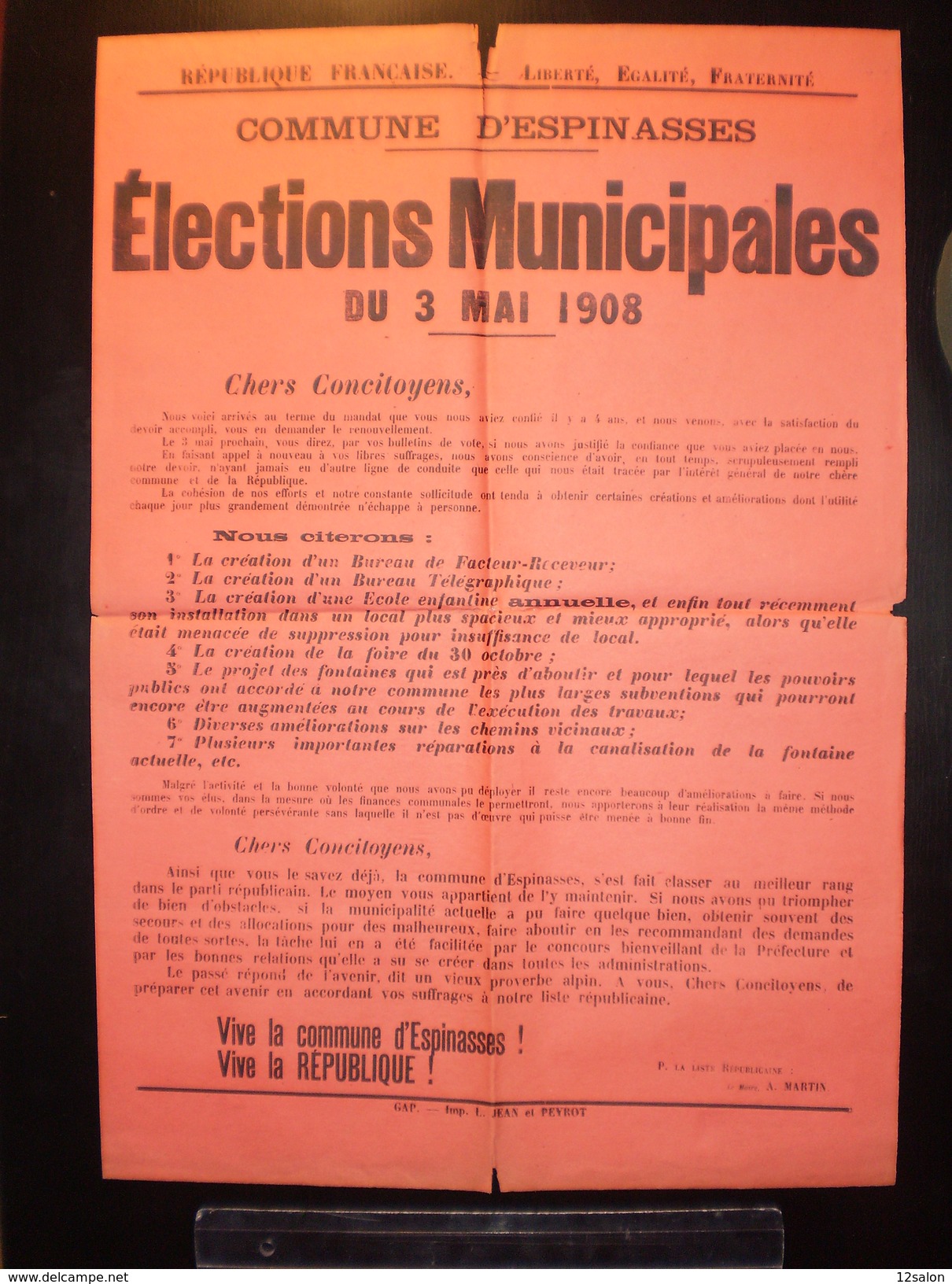 ELECTIONS AFFICHE  HAUTES ALPES ESPINASSES 1908 - Plakate