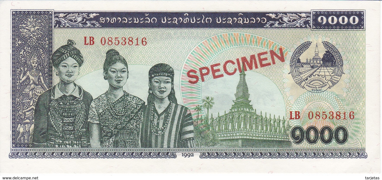 SPECIMEN BILLETE DE LAOS DE 1000 KIP DEL AÑO 1992 (BANKNOTE) SIN CIRCULAR-UNCIRCULATED (ESPECIMEN-MUESTRA) - Laos