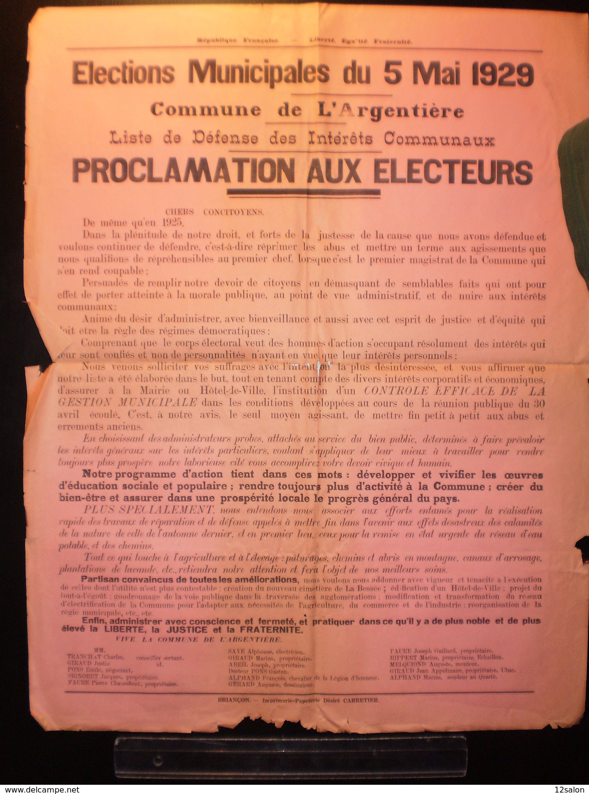 ELECTIONS AFFICHE  HAUTES ALPES ARGENTIERE 1929 - Posters
