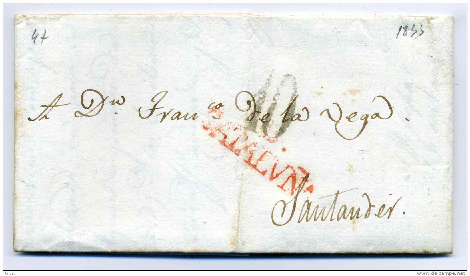 Lettre De BARCELONA Pour SANTANDER  /  Marque  CATALUNA + Taxe 10 / 1833 - ...-1850 Prephilately