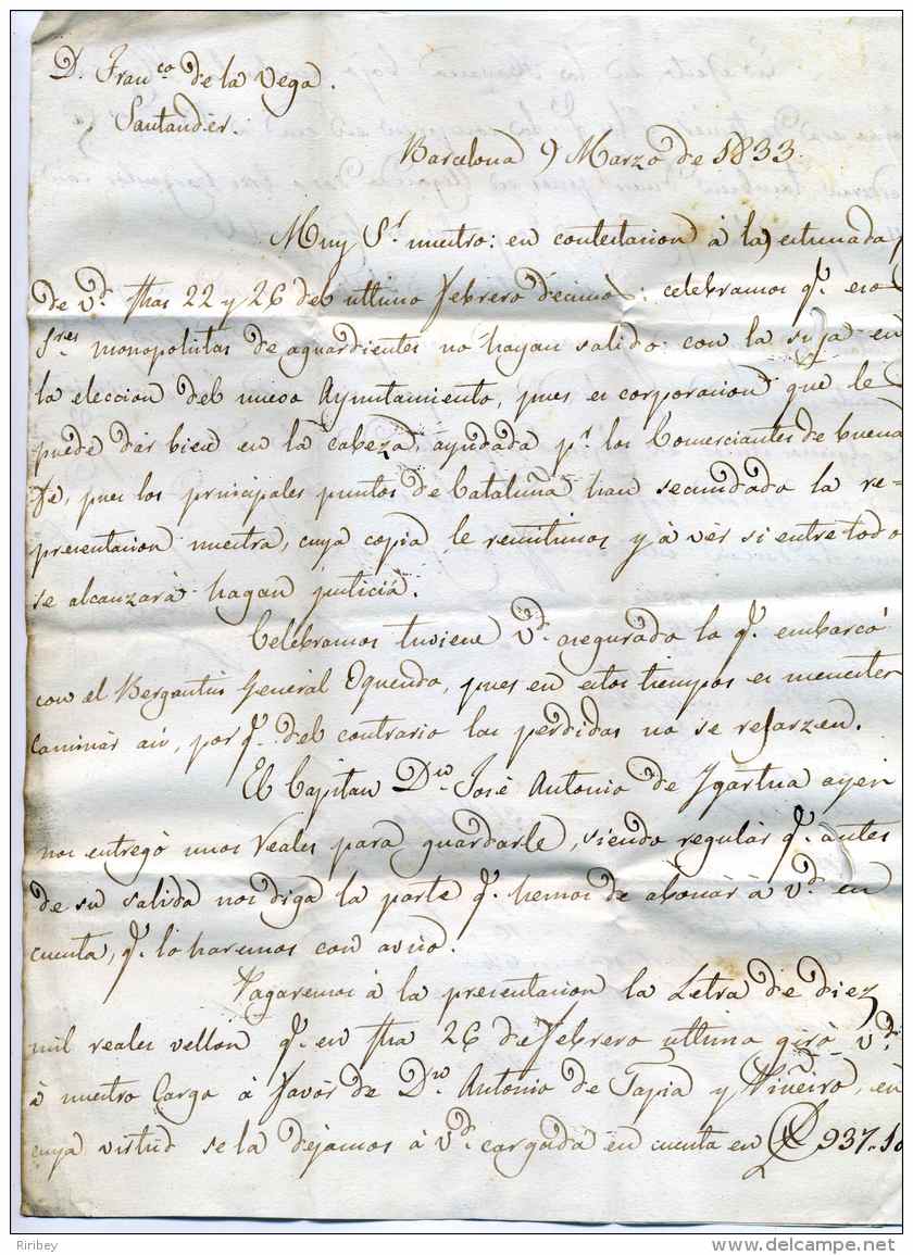 Lettre De BARCELONA Pour SANTANDER  /  Marque  CATALUNA + Taxe 10 / 1833 - ...-1850 Préphilatélie