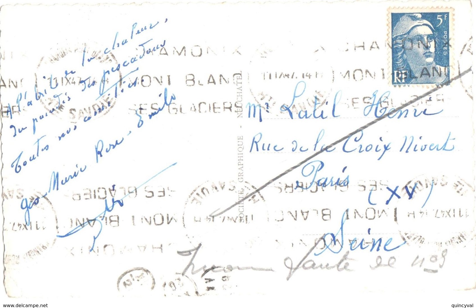 3839 CHAMONIX Haute Savoie Carte Postale En Rebut Inconnu Gandon 5 F Bleu Yv 719 B Ob 11 9 1947 - Storia Postale