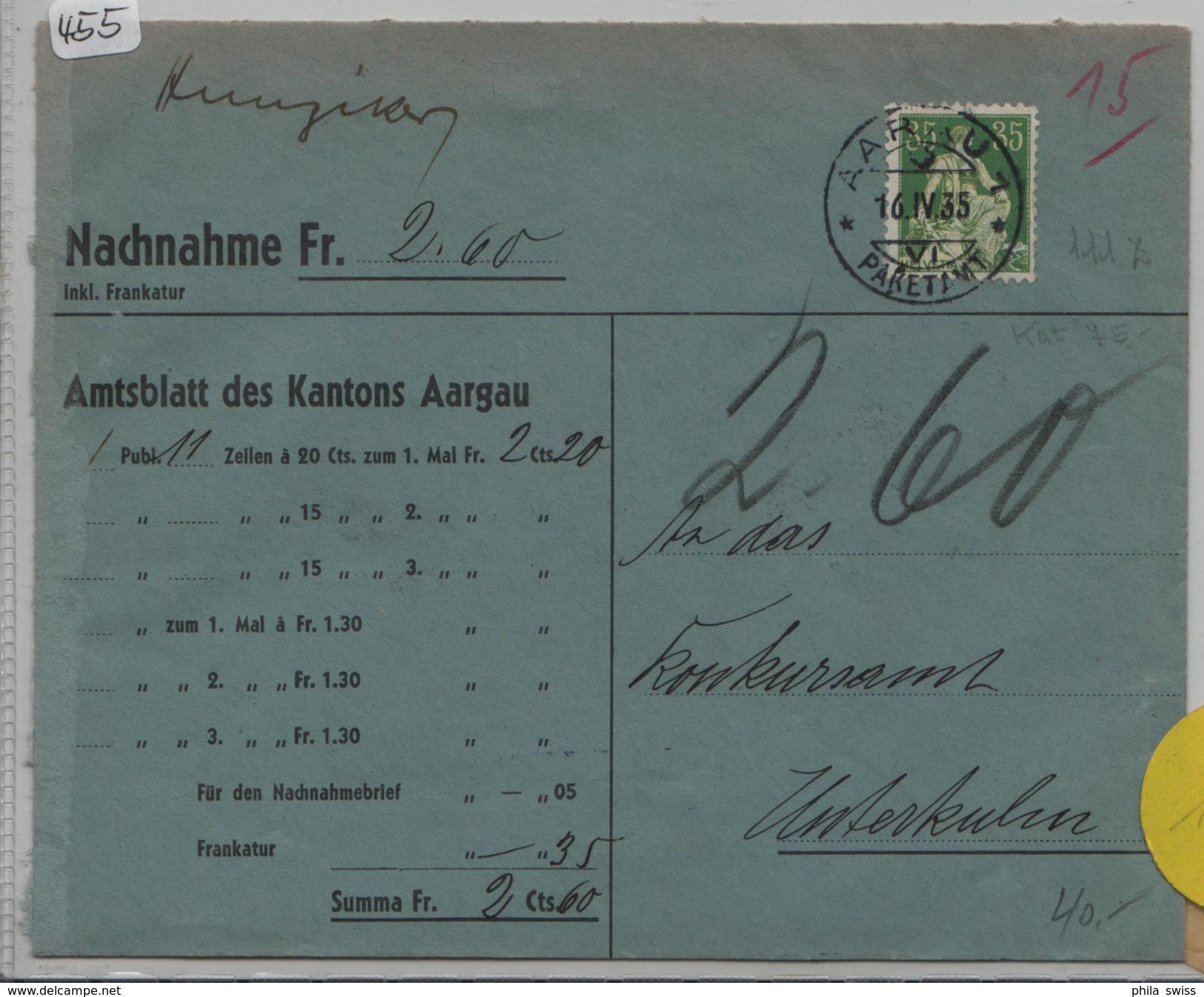 Helvetia 111z Mi. 105z - Stempel: Aarau Paketamt Nach Unterkulm Nachnahme 16. April 1935 - Lettres & Documents