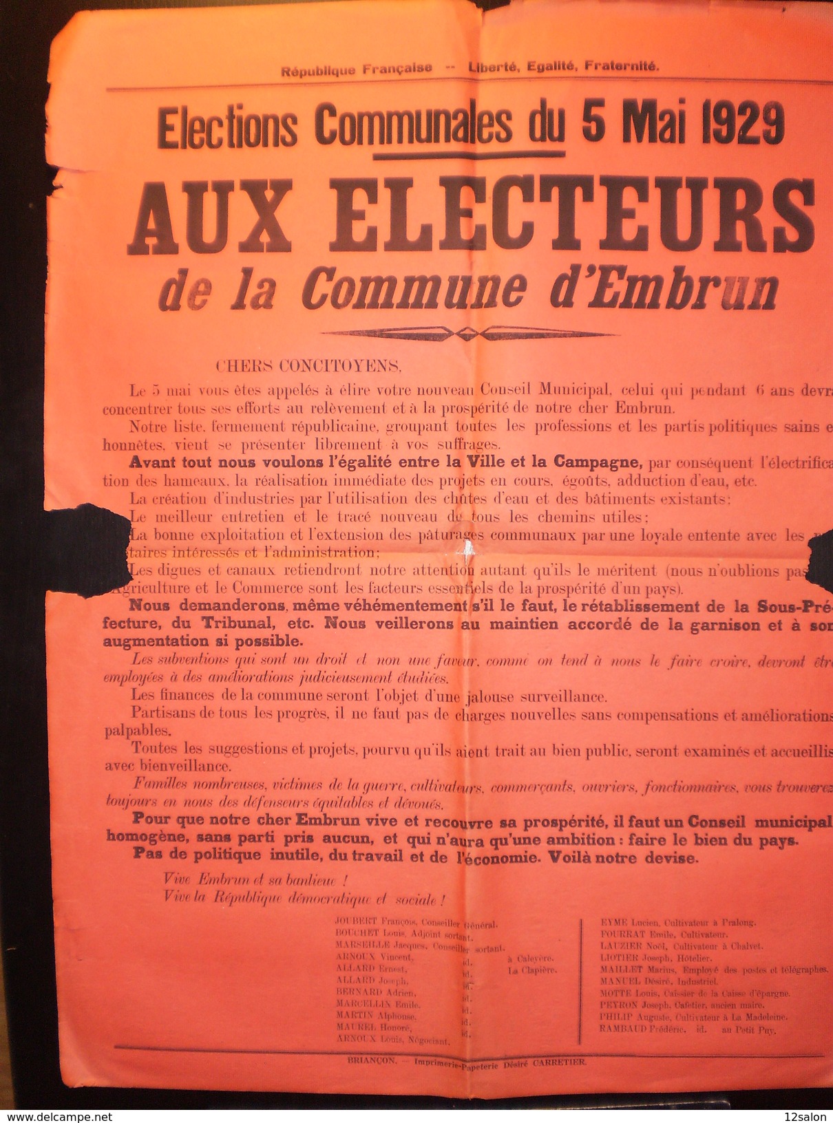 ELECTIONS AFFICHE  HAUTES ALPES EMBRUN 1929 - Affiches