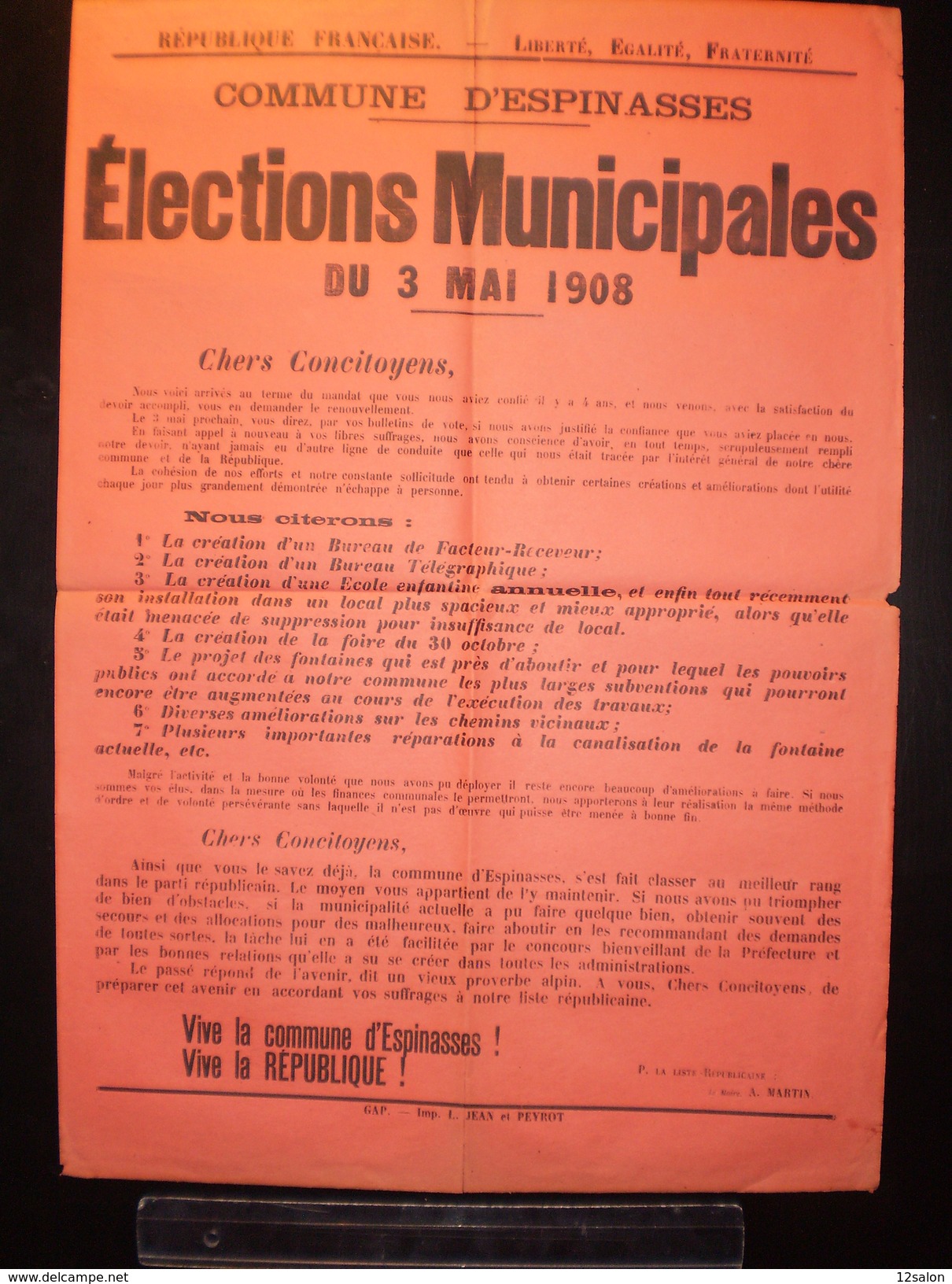 ELECTIONS AFFICHE  HAUTES ALPES ESPIN ASSES 1908 - Affiches