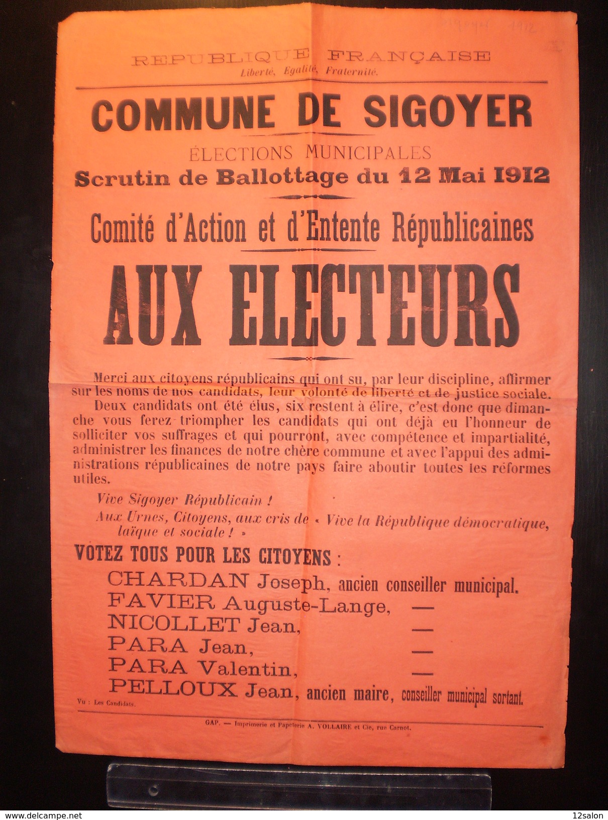 ELECTIONS AFFICHE  HAUTES ALPES SIGOYER 1912 - Affiches