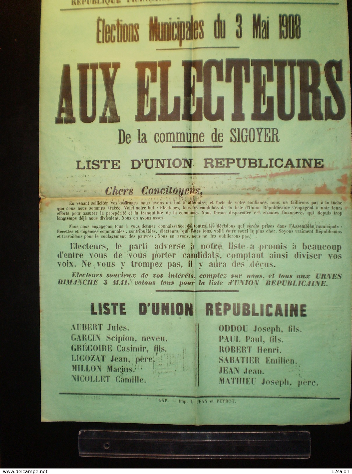 ELECTIONS AFFICHE  HAUTES ALPES SIGOYER 1908 - Plakate