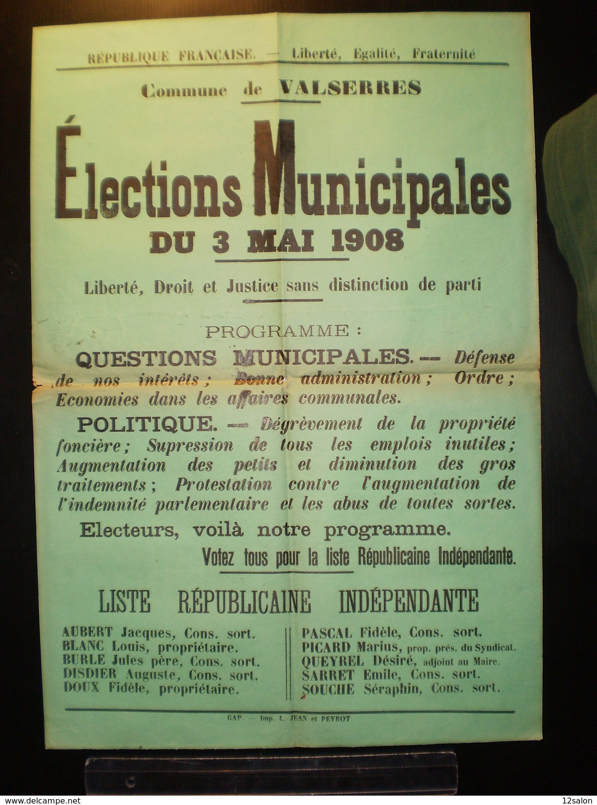 ELECTIONS AFFICHE  HAUTES ALPES VALSERRES 1908 - Affiches