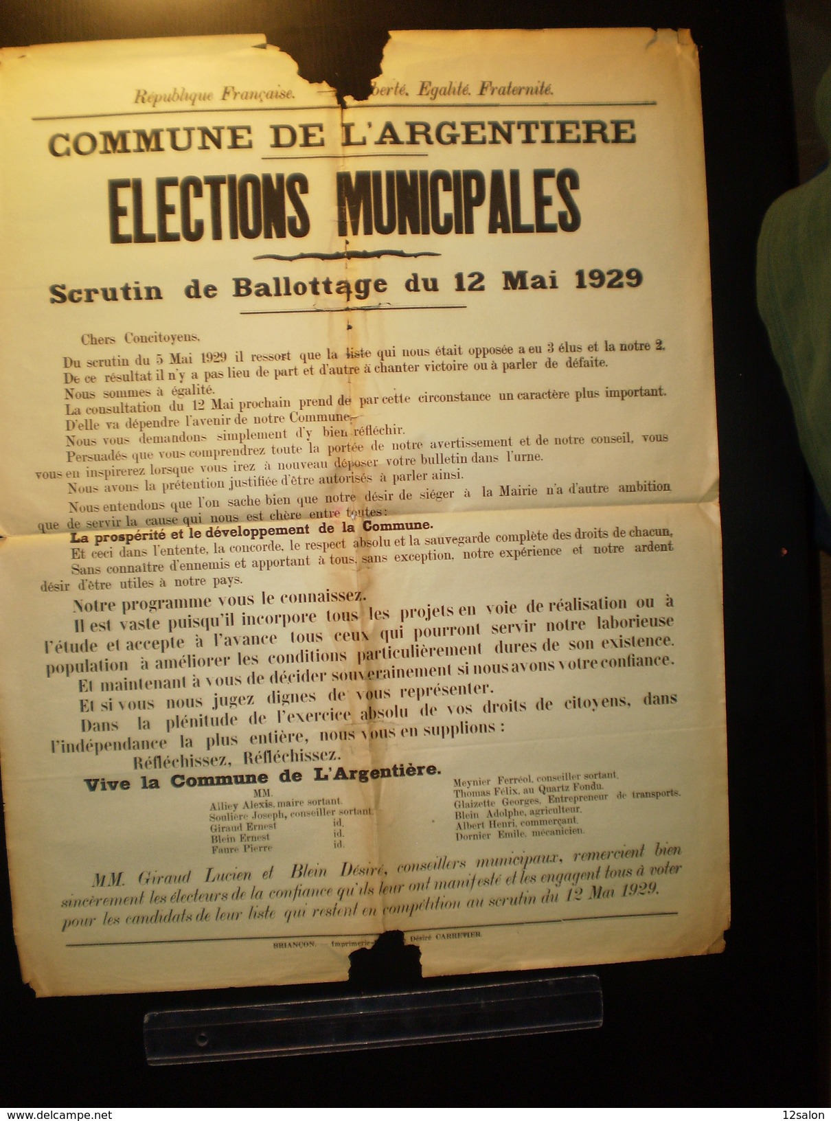 ELECTIONS AFFICHE  HAUTES ALPES ARGENTIERE 1929 - Posters