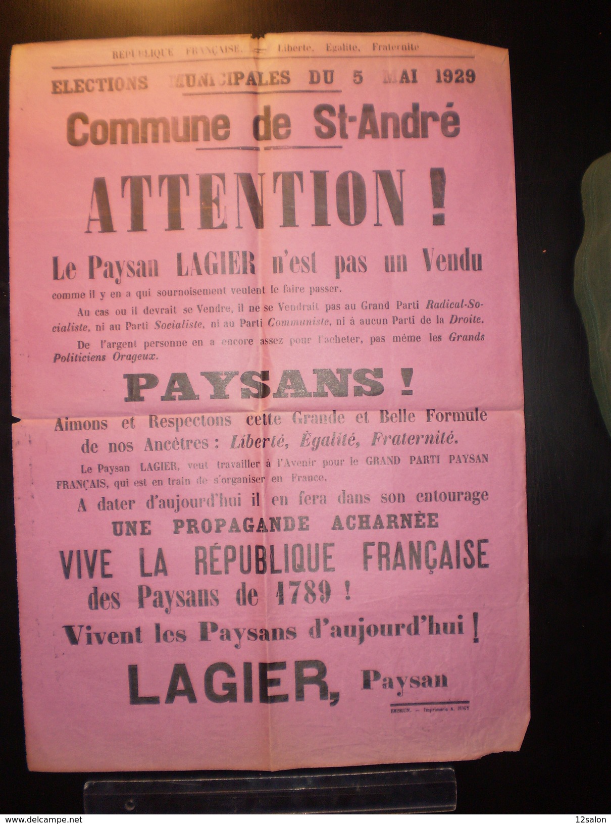 ELECTIONS AFFICHE  HAUTES ALPES SAINT ANDRE 1929 - Posters