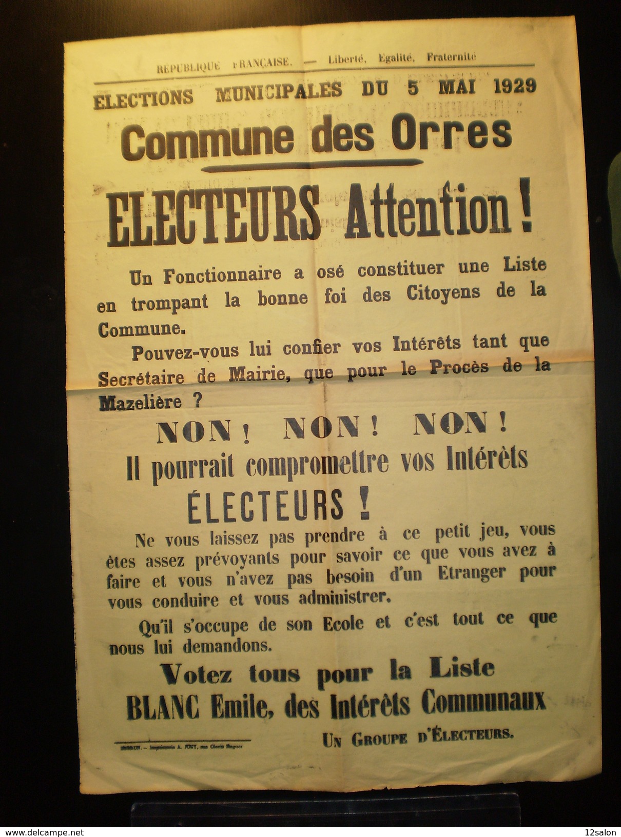ELECTIONS AFFICHE  HAUTES ALPES ORRES 1929 - Plakate