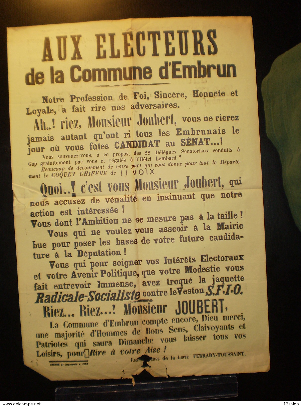 ELECTIONS AFFICHE  HAUTES ALPES EMBRUN 1900/1930 - Posters