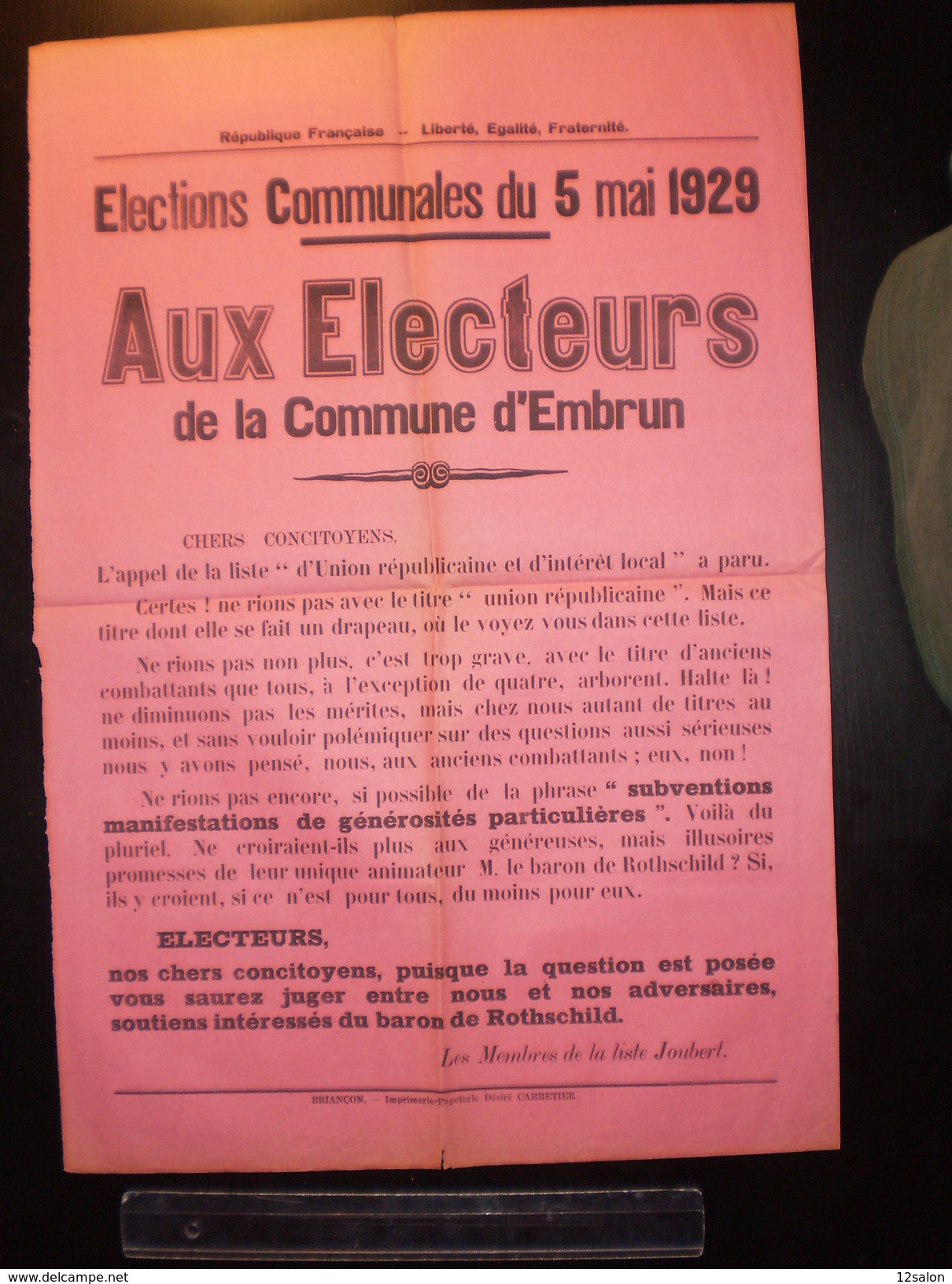 ELECTIONS AFFICHE  HAUTES ALPES EMBRUN 1929 - Posters