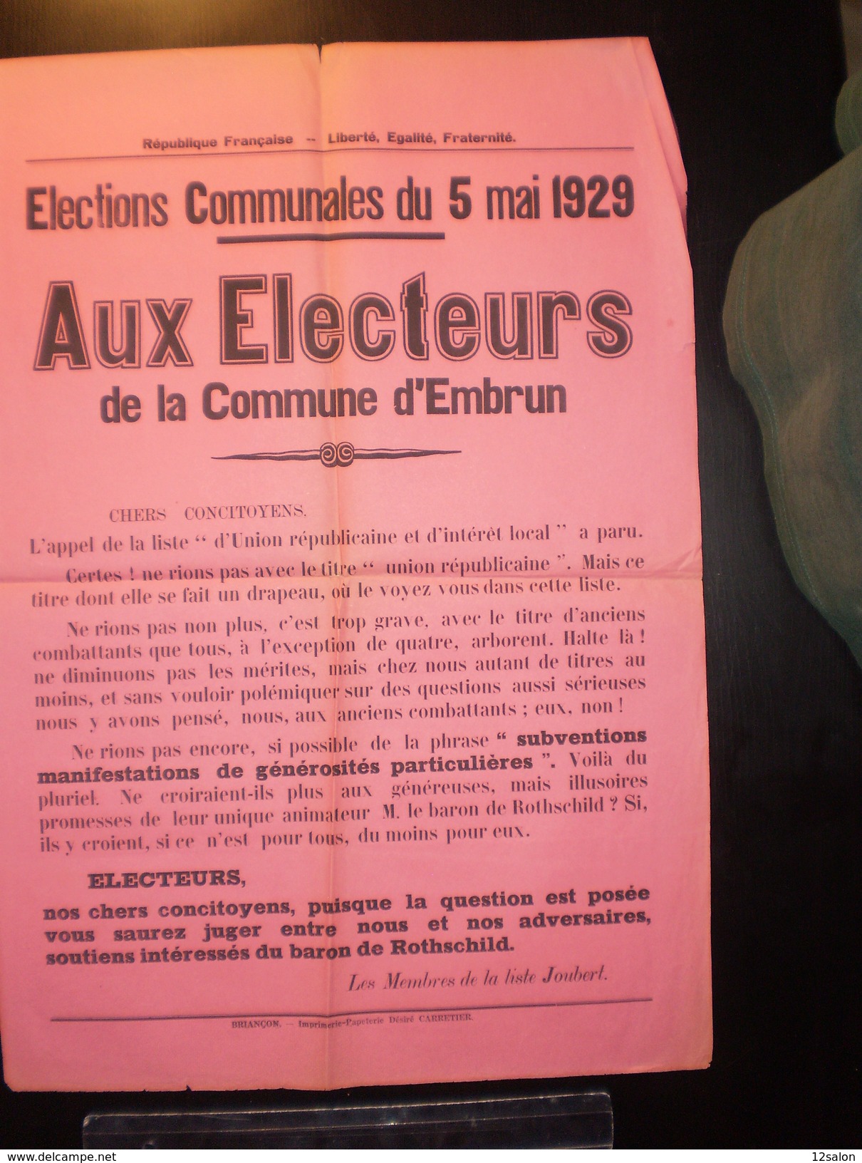 ELECTIONS AFFICHE  HAUTES ALPES EMBRUN 1929 - Afiches