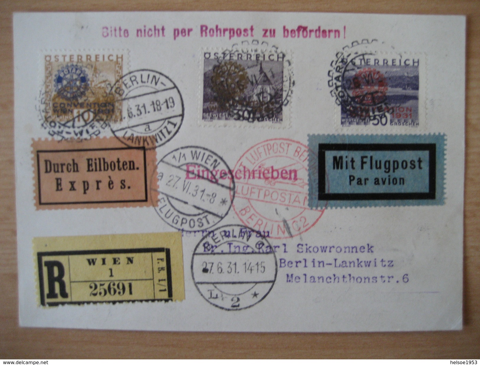 Österreich 1931- 2 Belege: Internationaler Rotary Kongreß, RECO, EXPRESS, FLUGPOST Wien-Berlin, ANK Und Mi.Nr. 518-523 - Briefe U. Dokumente