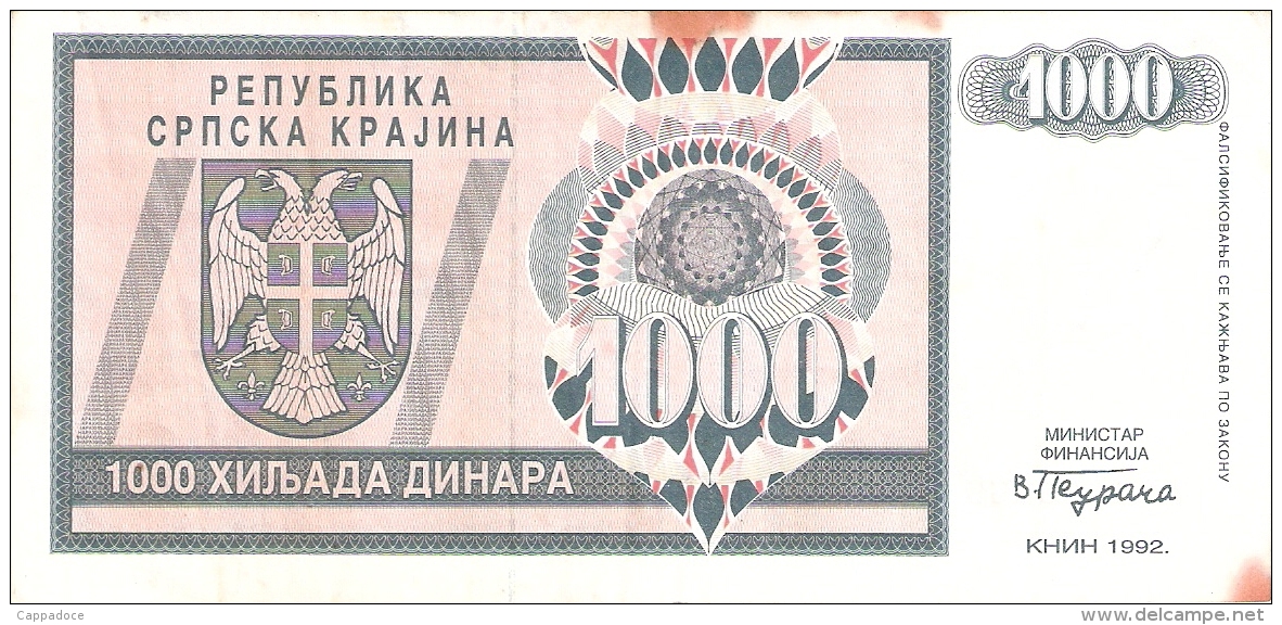 CROATIE   1000 Dinara   1992   P. R5a - Croatie