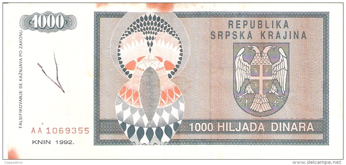 CROATIE   1000 Dinara   1992   P. R5a - Croatie