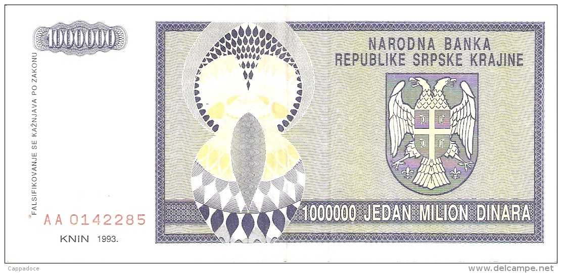 CROATIE   1 Million Dinara   1993   P. R10a   SUP - Croatie