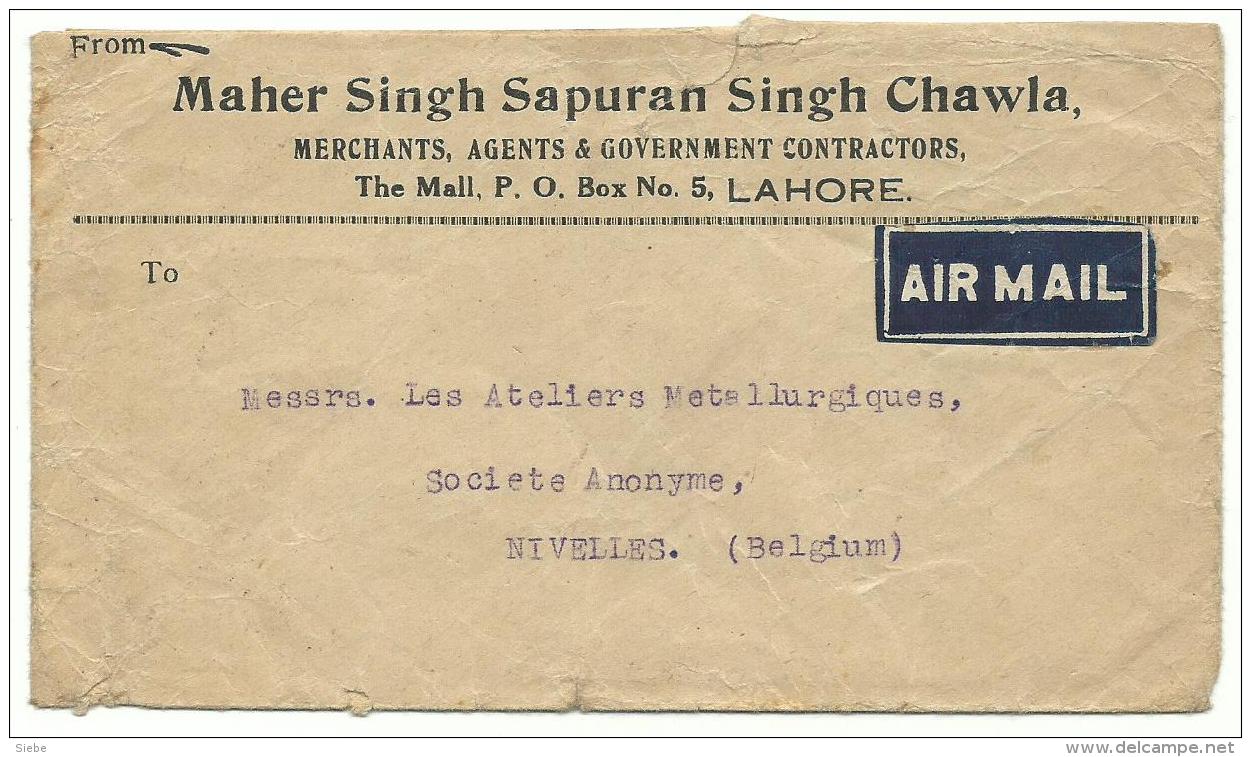 Inde / Pakistan - Lahore - Air Mail 11 DEC 35 Vers Nivelles Belgique - Luftpost