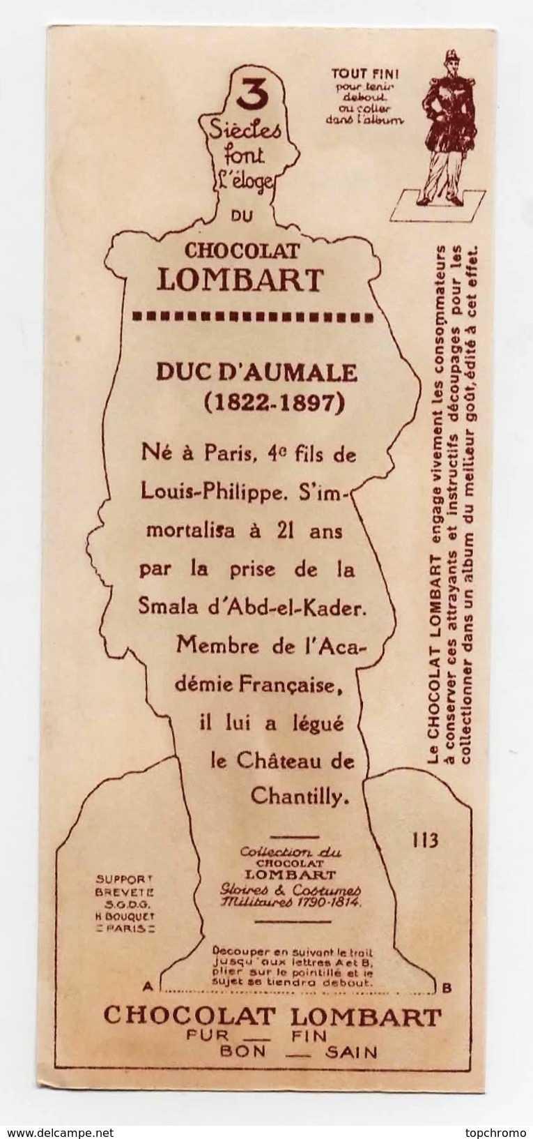 CHROMO Chocolat Lombart à Découper Gray Duc D'Aumale Louis Philippe Militaria Histoire De France 113 - Lombart