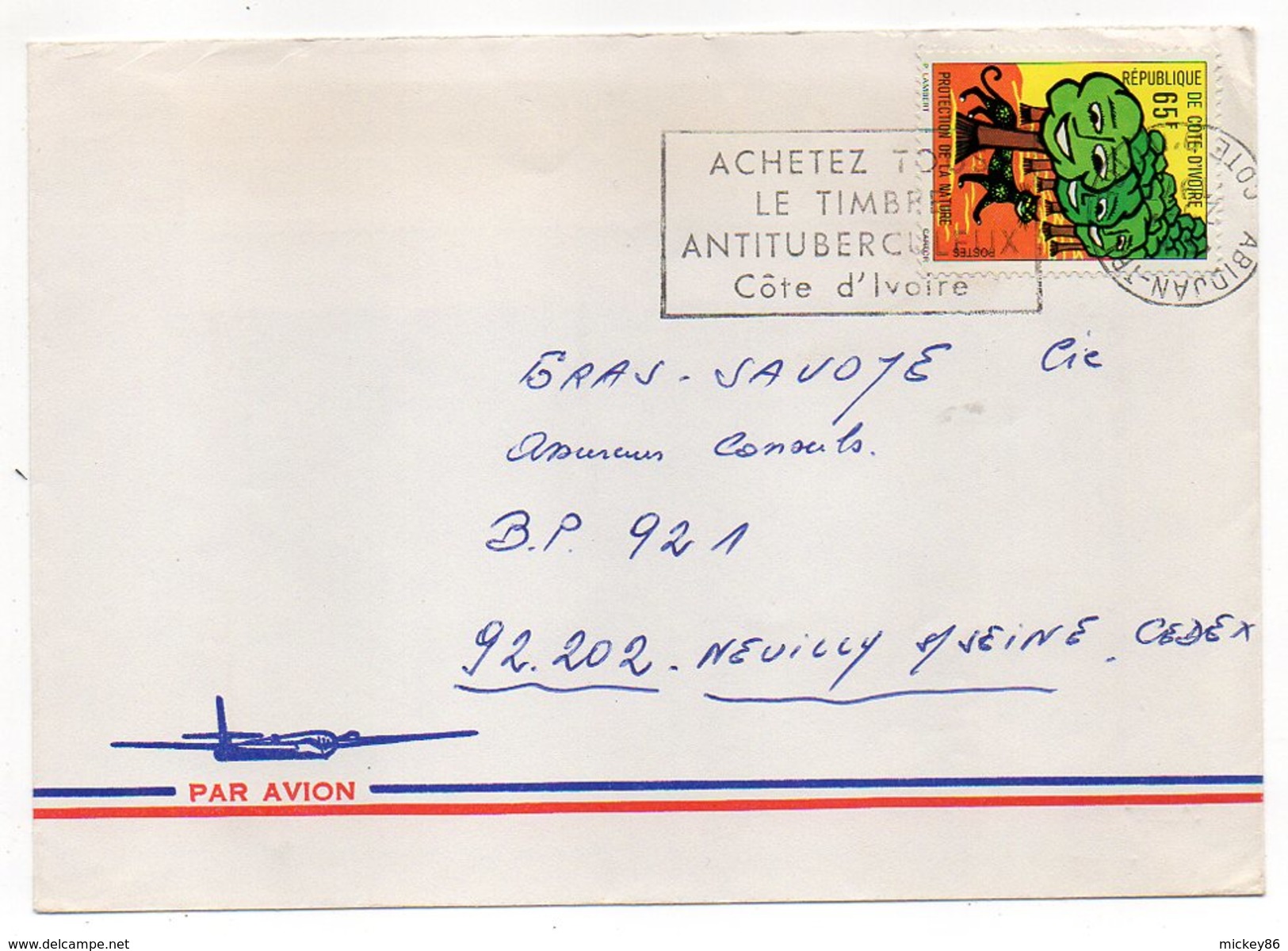 Côte D'Ivoire-lettre De ABIDJAN Pour NEUILLY/SEINE (France)-timbre Seul Sur Lettre--cachet Avec Couronne à L'envers - Côte D'Ivoire (1960-...)