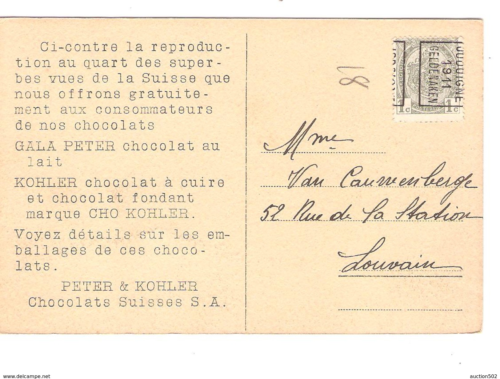 TP 81 Roulette Jodoigne 1911 S/CP De Berne Offerte Par Les Chocolats Suisse Peter & Kohler V.Louvain PR4303 - Rollenmarken 1910-19