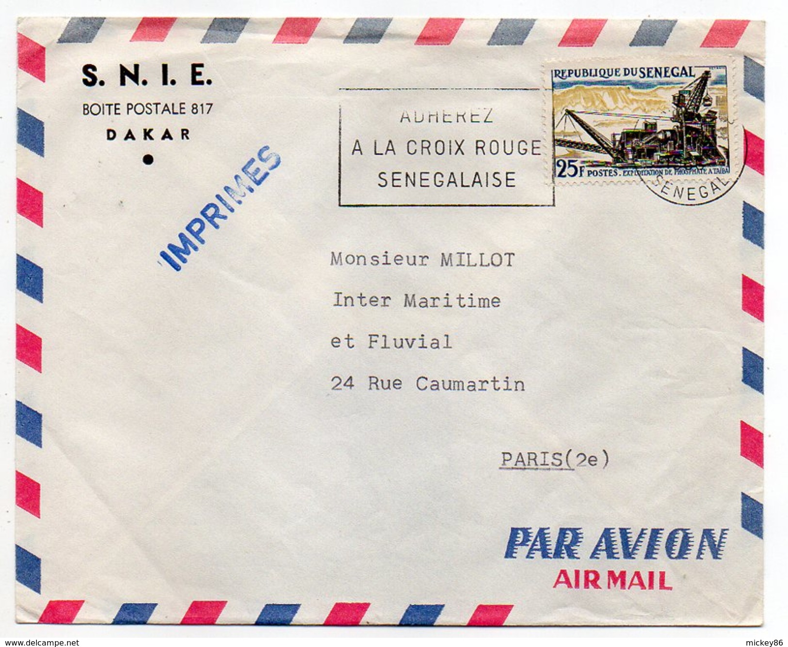 Sénégal-1966-lettre(mention IMPRIMES)de DAKAR Pour PARIS(France)-timbre Seul Sur Lettre Personnalisée-cachet Croix Rouge - Sénégal (1960-...)