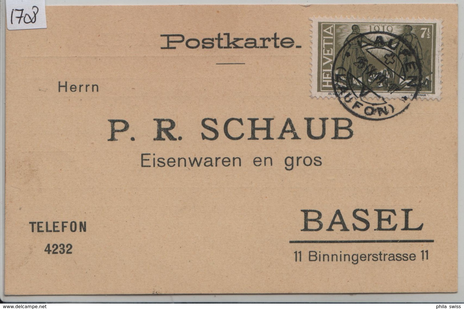 Postkarte 143 Mi. 146 - Stempel: Laufen Laufon Nach Basel (Schaub Eisenwaren) 25. IX. 1919 - Lettres & Documents