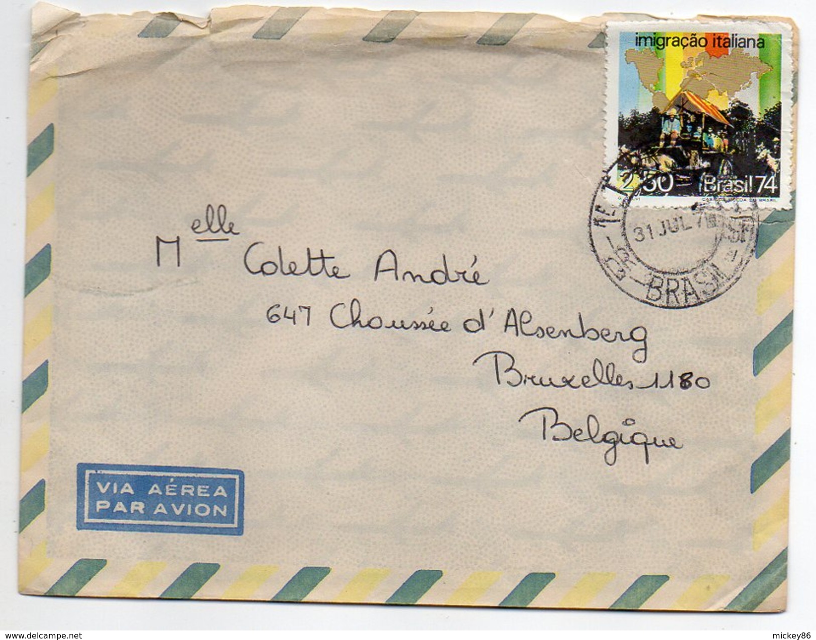 BRESIL---lettre De SAO PAULO Pour BRUXELLES (Belgique)--timbre (immigration Italienne) Seul Sur Lettre-cachet - Lettres & Documents