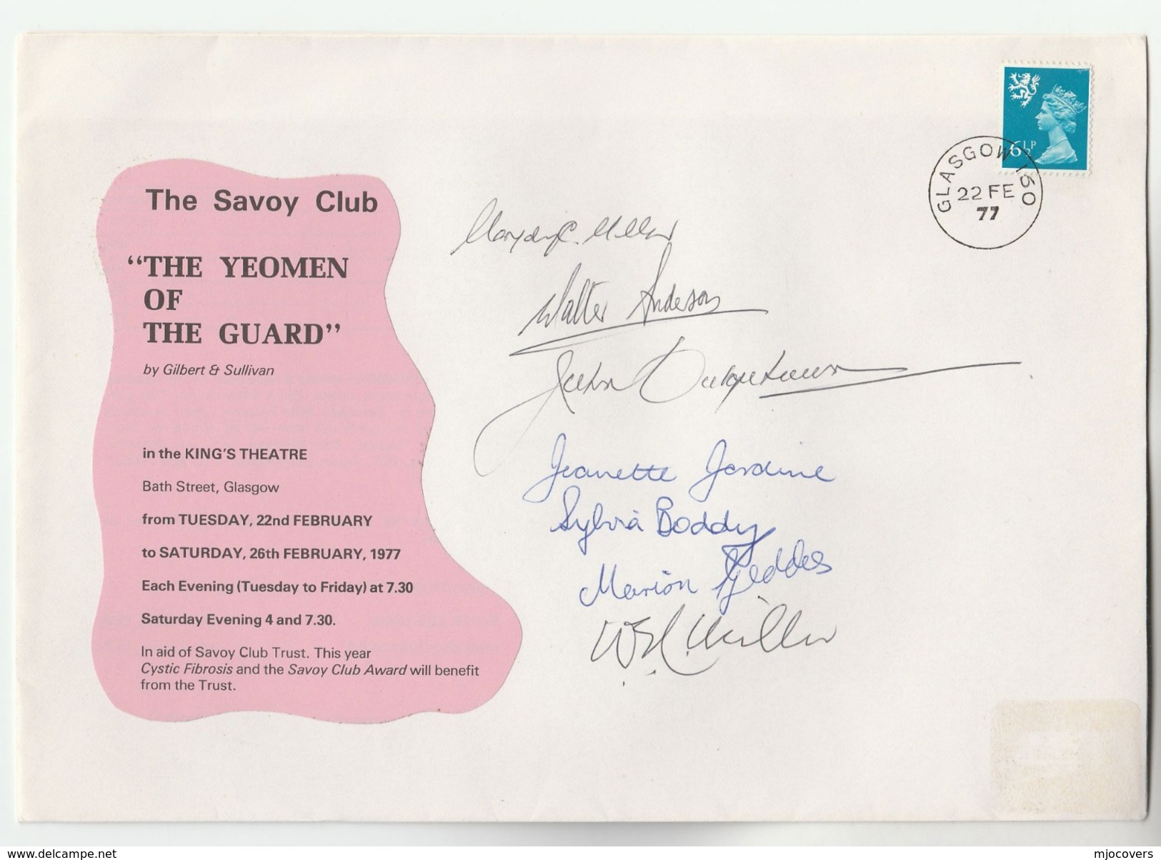 1977 SIGNED By 7,  KINGS THEATRE  The YEOMAN Of The GUARD OPERA  GLASGOW EVENT COVER Gb Stamps Music - Covers & Documents