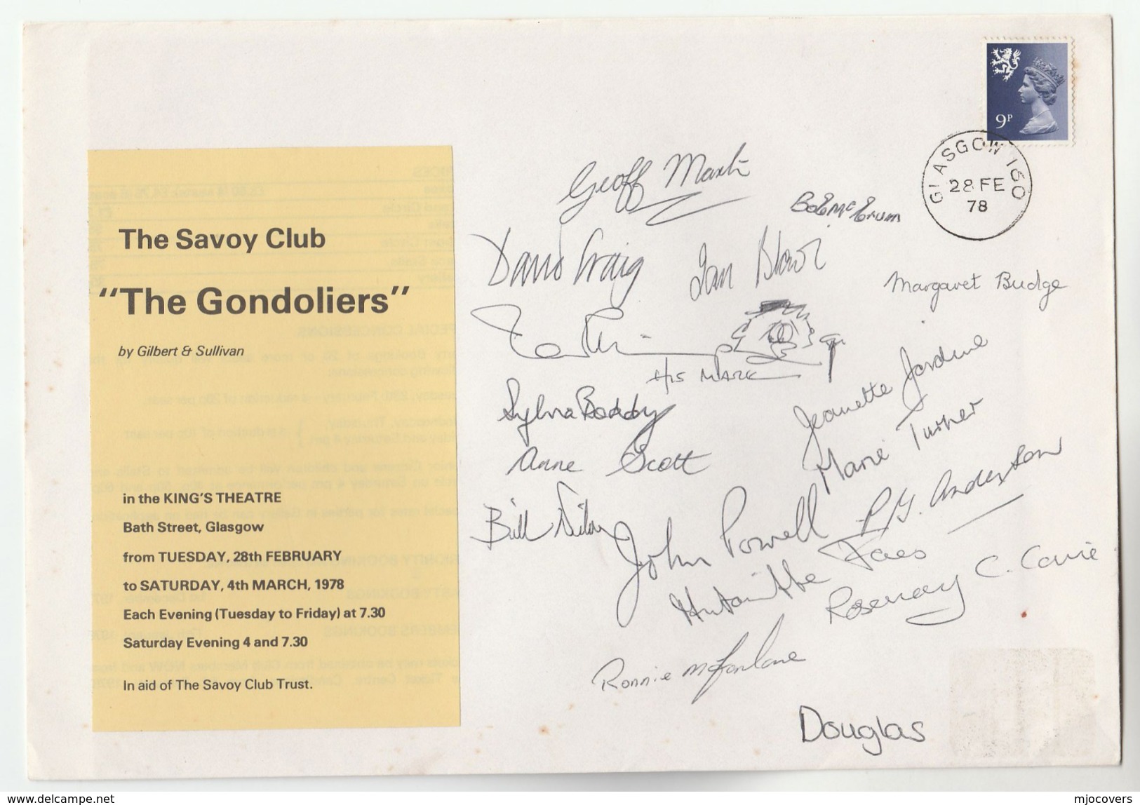 1978 SIGNED By 17,  KINGS THEATRE  The GONDOLIERS OPERA  GLASGOW EVENT COVER Gb Stamps Music - Covers & Documents