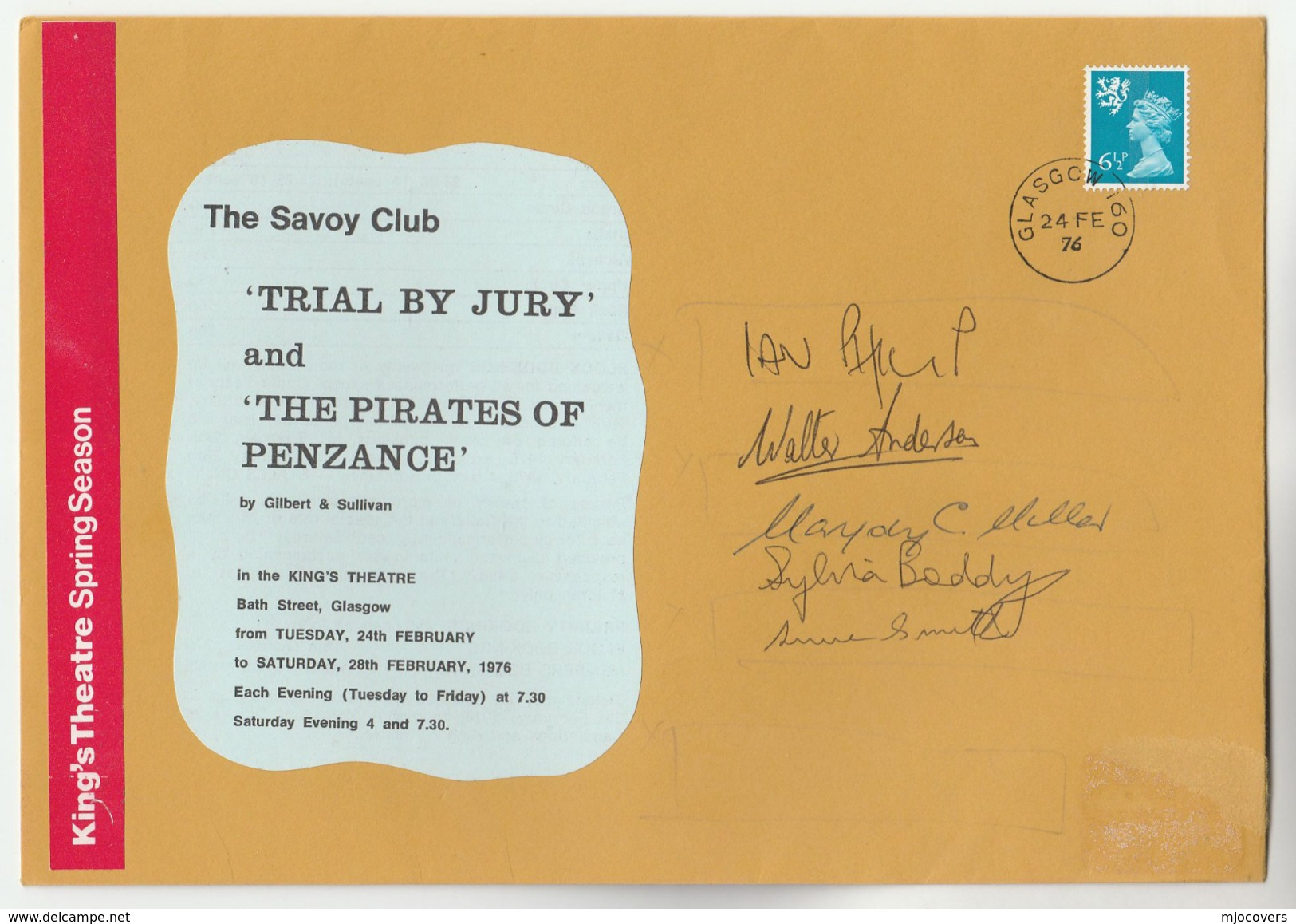 1976 SIGNED By 5,  KINGS THEATRE  The PIRATES Of PENZANCE OPERA  GLASGOW EVENT COVER Gb Stamps Music - Covers & Documents