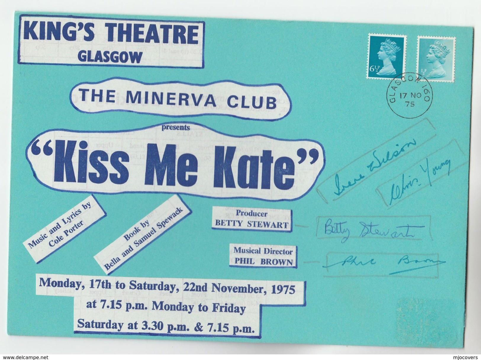 1975 SIGNED By 4, KINGS THEATRE KISS ME KATE Musical GLASGOW EVENT COVER Gb Stamps Music - Music