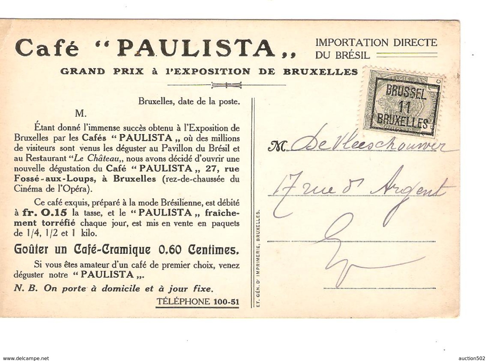 TP 81 S/CP Publicitaire Café Paulista Expo BXL 1910 Roulette BXL 1911 V.E/V PR4314 - Roller Precancels 1910-19