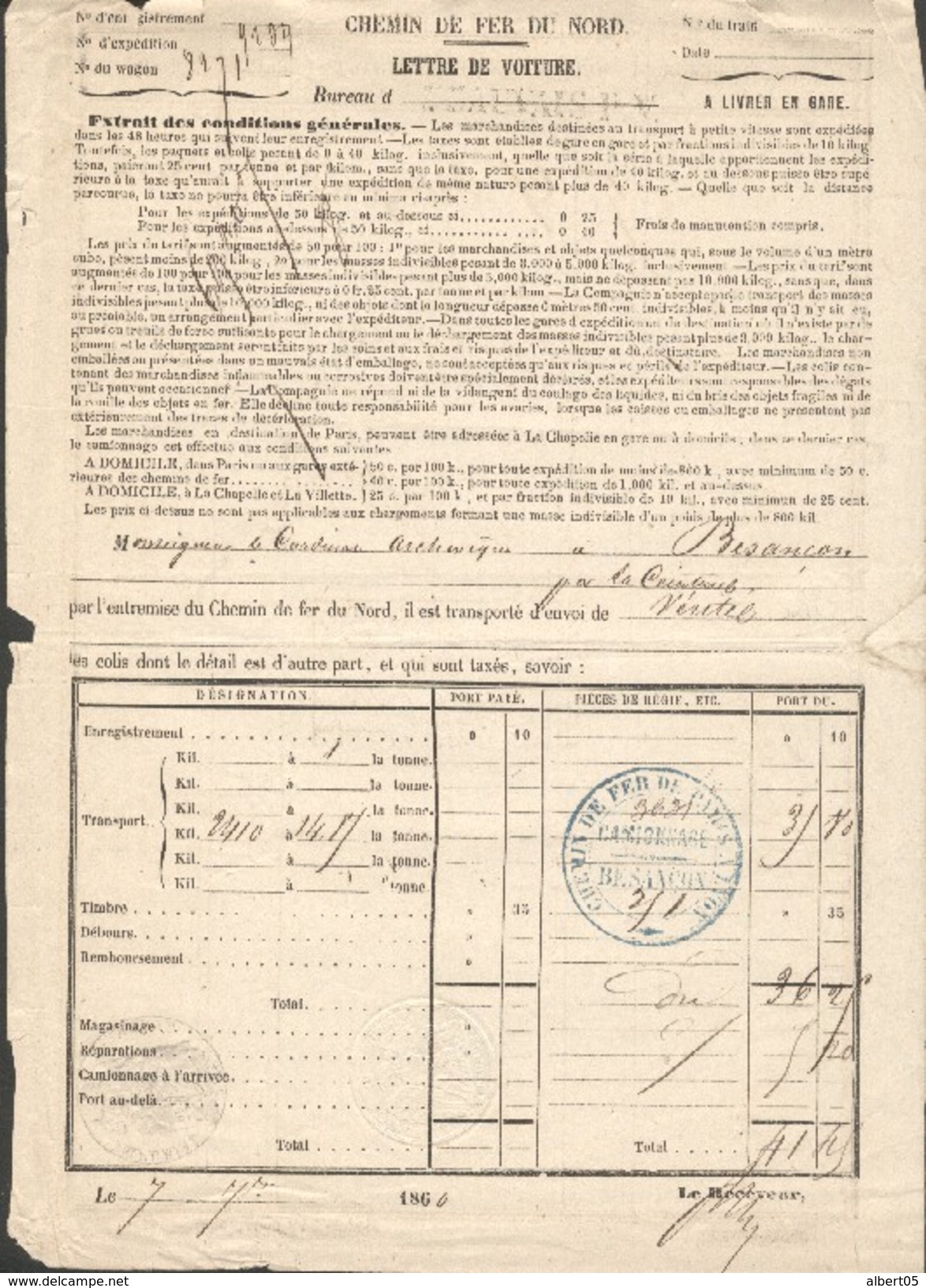 Chemins De Fer Du Nord - Lettre De Voiture  - Cachet PLM Camionnage Besançon - Le 7 Septembre 1860 - Poste Ferroviaire