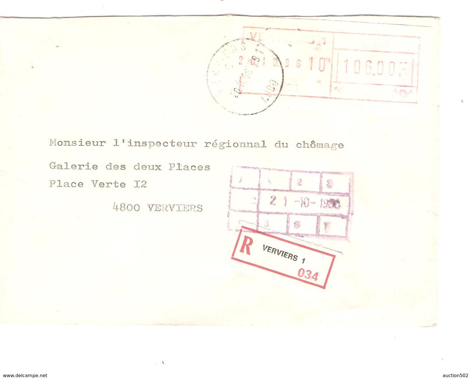 Lettre En Recommandée Vignette D'affranchissement De 106,00 Bef Verviers 1 20/10/1986 + C.Verviers V.E/V - Covers & Documents