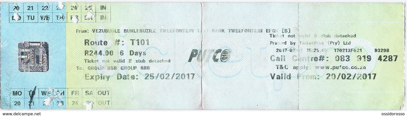 2017 - Ticket Autobus - PUTCO -  Pretoria -  South Africa - Mondo