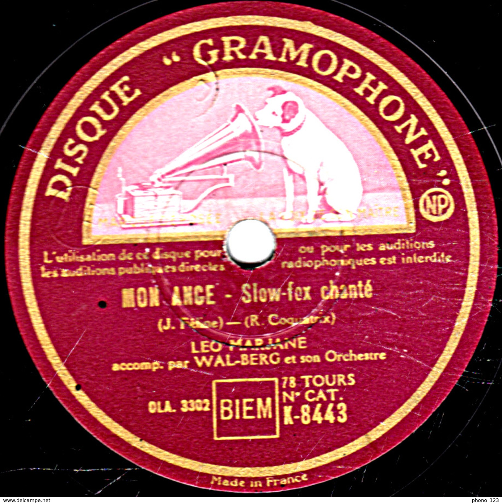 78 T - 25 Cm.- état B - LEO MARJANE - J'AI PEUR D'UNE CHANSON - MON ANGE - 78 T - Disques Pour Gramophone