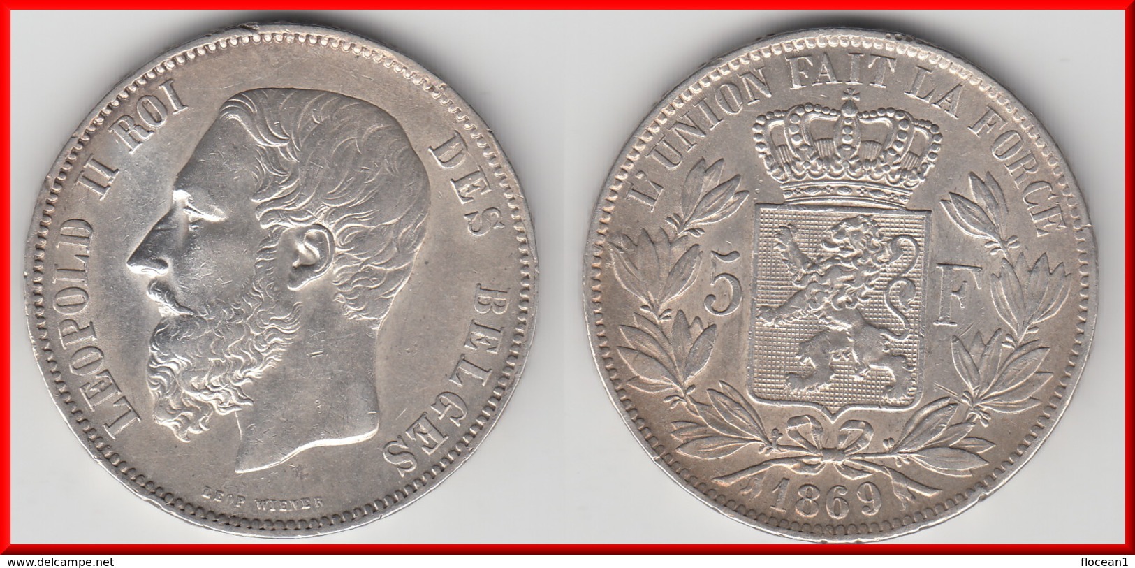 **** BELGIQUE - BELGIUM - BELGIE - 5 FRANCS 1869 LEOPOLD II - ARGENT - SILVER **** EN ACHAT IMMEDIAT - 5 Francs