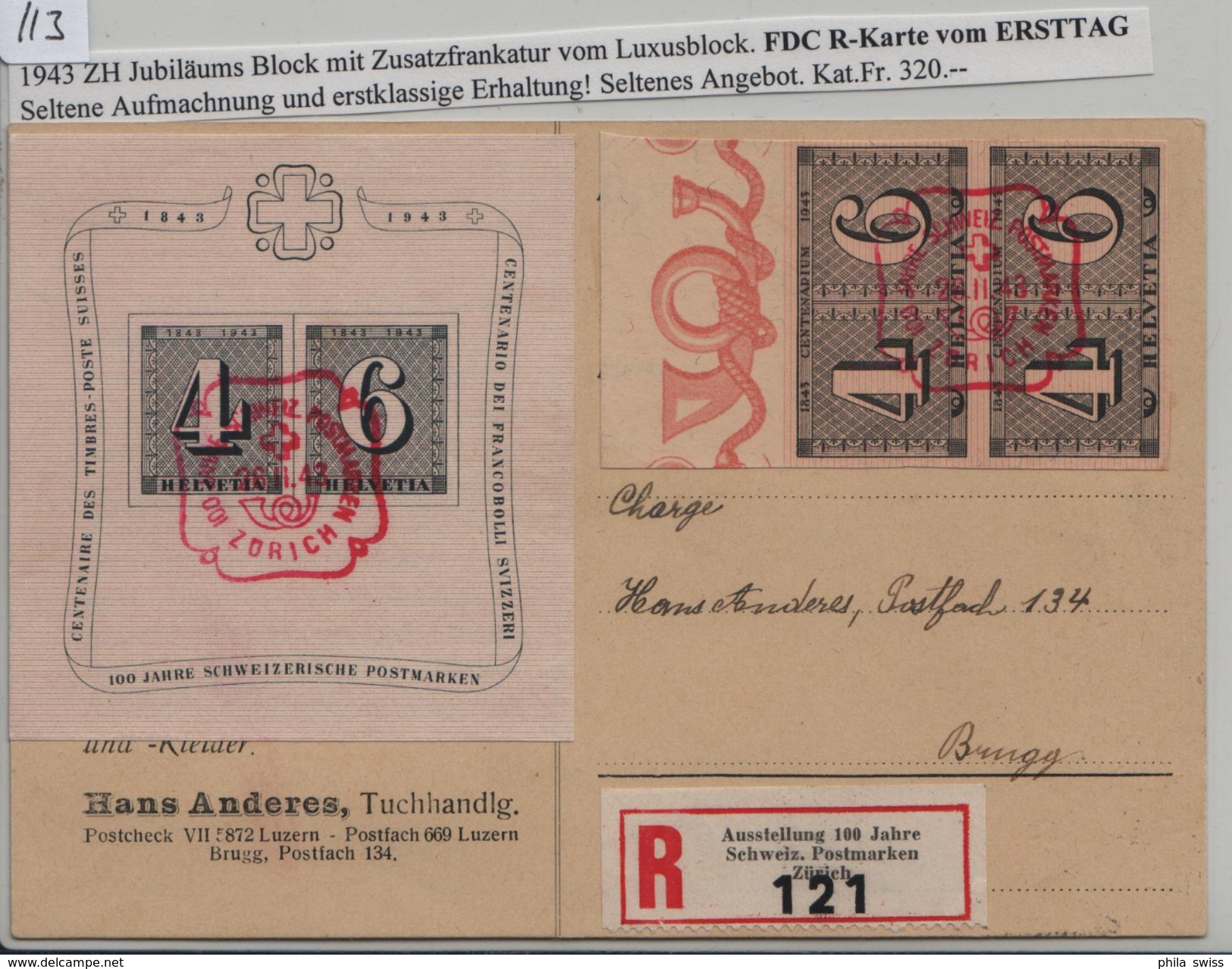 Jubiläumsblock 100 Postmarken W14 Bl. 8 W15 419 FDC R-Karte Ersttag Nach Brugg 26. II. 1943 - Blocks & Sheetlets & Panes