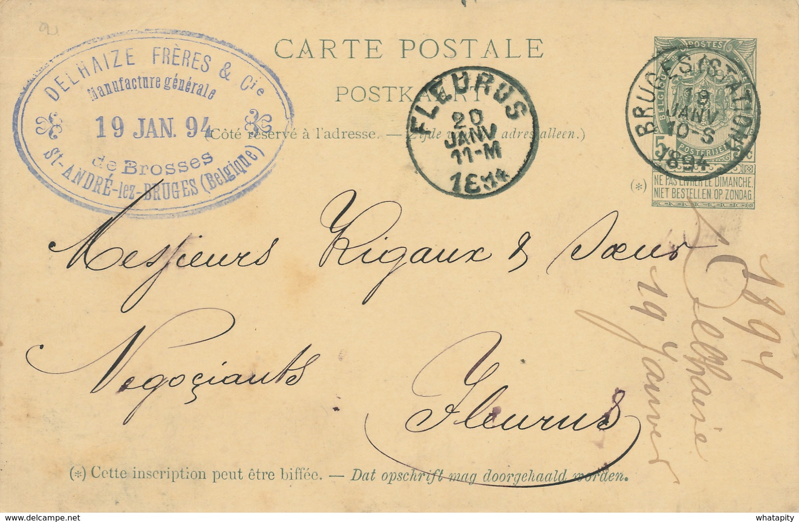 YY097 --  Entier Armoiries BRUGES Station 1894 Vers FLEURUS - Cachet Delhaize Frères Manufacture De Brosses à ST ANDRIES - Cartes Postales 1871-1909