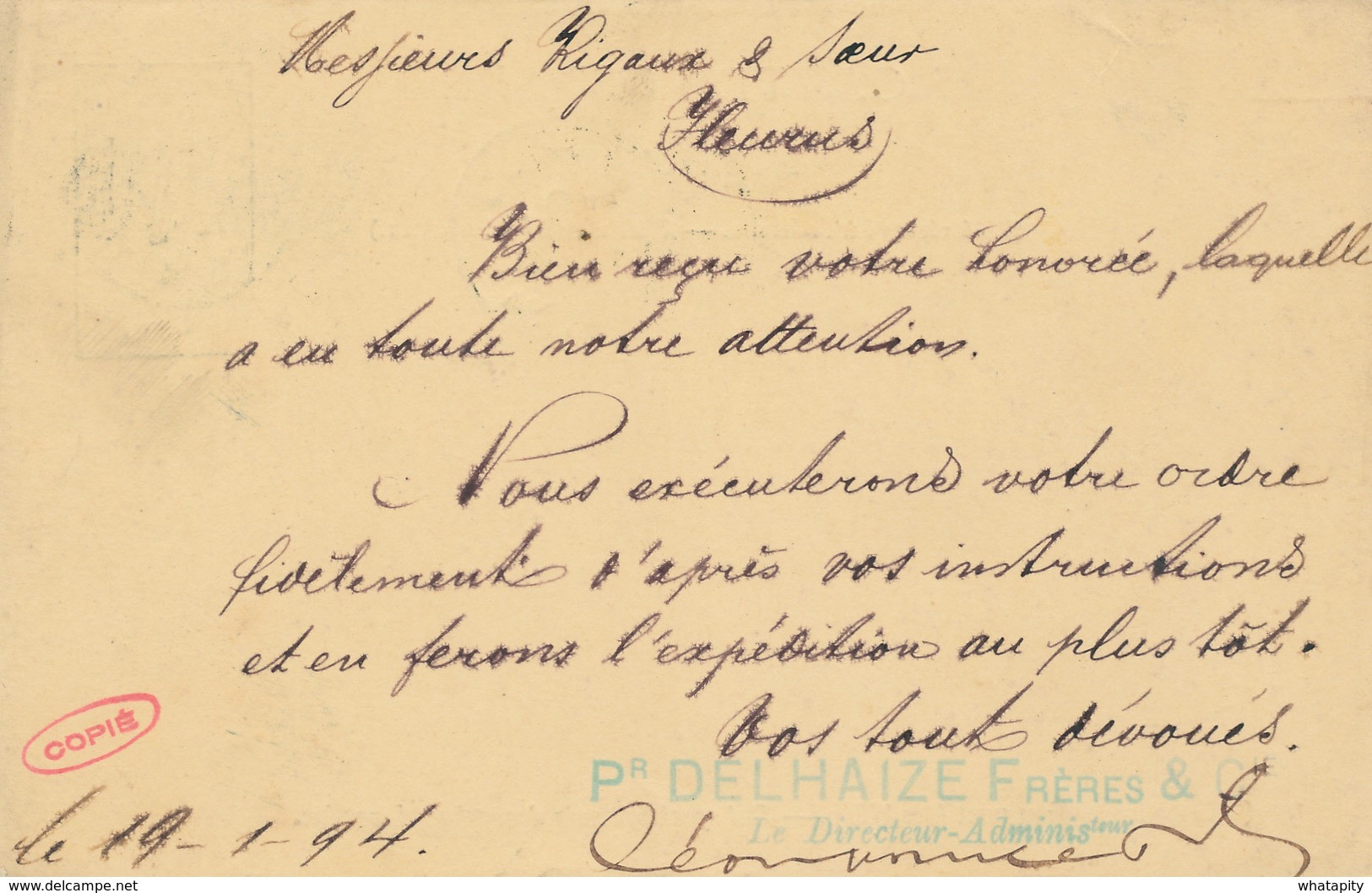 YY097 --  Entier Armoiries BRUGES Station 1894 Vers FLEURUS - Cachet Delhaize Frères Manufacture De Brosses à ST ANDRIES - Cartes Postales 1871-1909